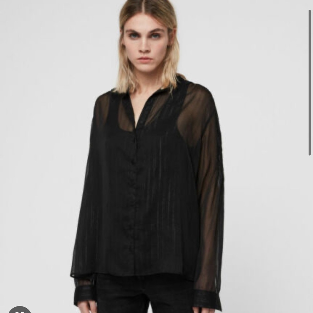 AllSaints Mazie shirt in black with fine metallic stripes - size M